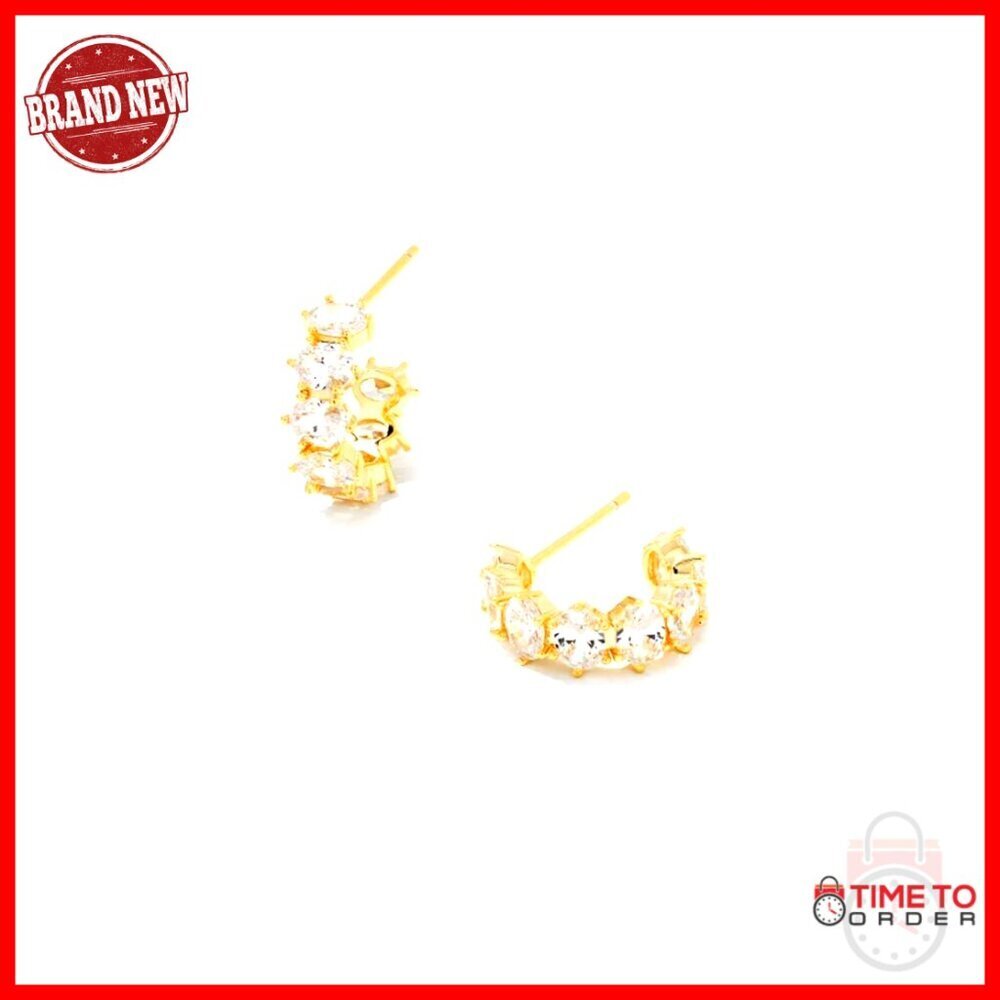 Gold Crystal Huggie Earrings, 0.53" Diameter, Lever Back, Dainty Jewelry